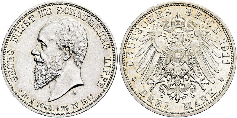 REICHSSILBERMÜNZEN. SCHAUMBURG-LIPPE 
Georg, 1893-1911. 3 Mark 1911 A, Berlin. ...