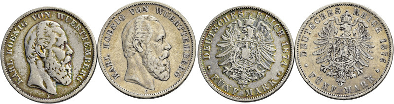 REICHSSILBERMÜNZEN. WÜRTTEMBERG 
Karl, 1864-1891. Lot. 5 Mark. 1874 F und 1876 ...