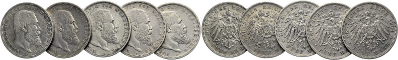 REICHSSILBERMÜNZEN. WÜRTTEMBERG 
Wilhelm II., 1891-1918. Lot. 5 Mark. 1 x 1895 ...