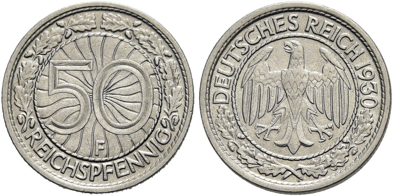 WEIMARER REPUBLIK. KURSMÜNZEN 
50 Reichspfennig 1930 F, Stuttgart. Wertzahl, da...