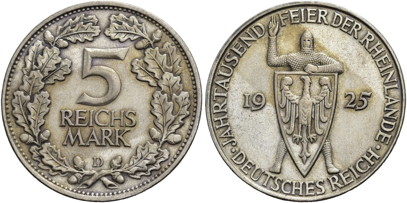 WEIMARER REPUBLIK. GEDENKMÜNZEN 
5 Reichsmark 1925 D, München. Auf die Jahrtaus...