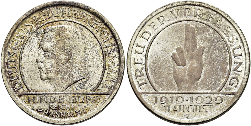 WEIMARER REPUBLIK. GEDENKMÜNZEN 
5 Reichsmark 1929 F, Stuttgart. Auf den 10. Ja...