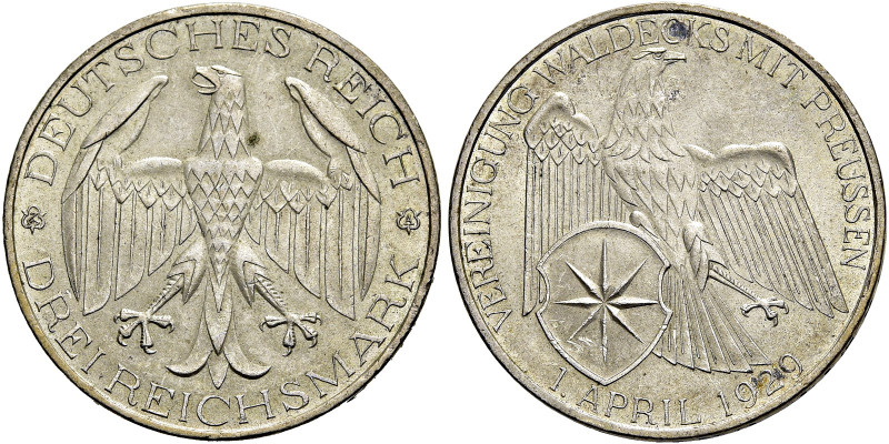 WEIMARER REPUBLIK. GEDENKMÜNZEN 
3 Reichsmark 1929 A, Berlin. Auf die Vereinigu...