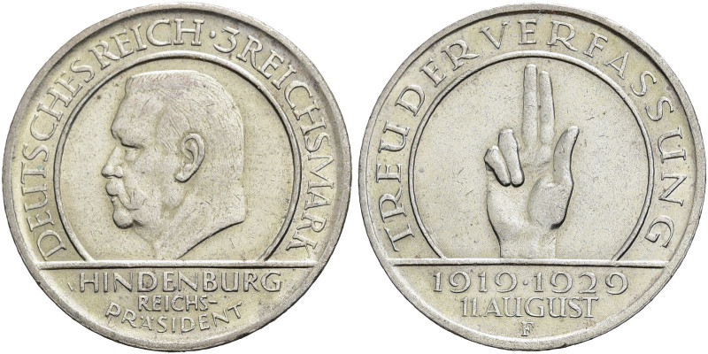 WEIMARER REPUBLIK. GEDENKMÜNZEN 
3 Reichsmark 1929 F, Stuttgart. Auf den 10. Ja...