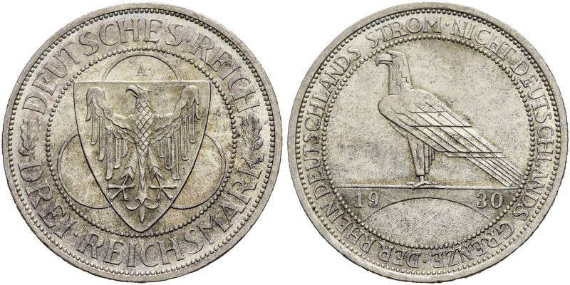 WEIMARER REPUBLIK. GEDENKMÜNZEN 
3 Reichsmark 1930 A, Berlin. Auf die Rheinland...