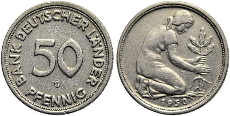 B R D. 
DM Währung bis 2001. 50 Pfennig 1950 G, Karlsruhe. Bank Deutscher Lände...