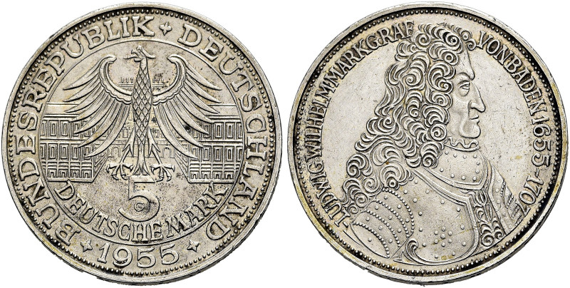 B R D. 
DM Währung bis 2001. 5 Deutsche Mark 1955 G, Karlsruhe. Markgraf von Ba...