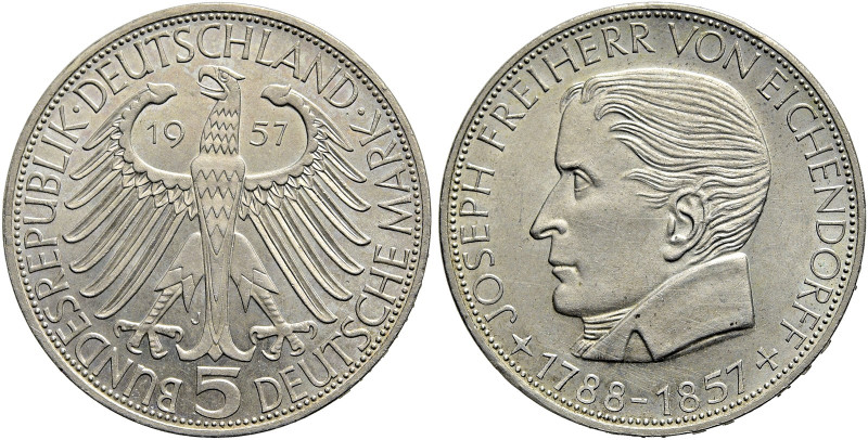 B R D. 
DM Währung bis 2001. 5 Deutsche Mark 1957 J, Hamburg. Auf den 100. Tode...