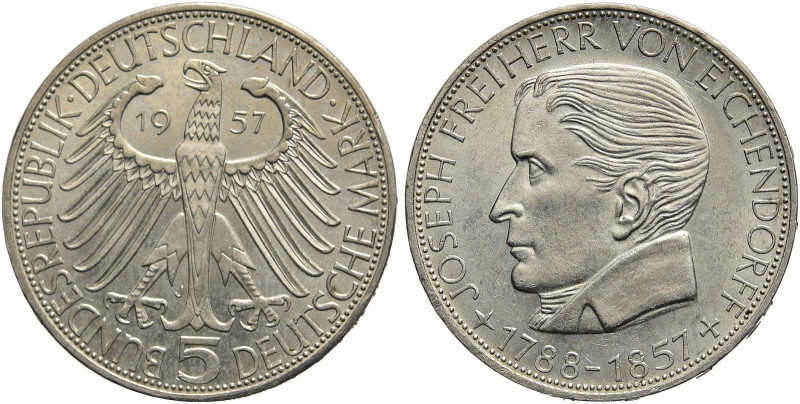 B R D. 
DM Währung bis 2001. 5 Deutsche Mark 1957 J, Hamburg. Auf den 100. Tode...