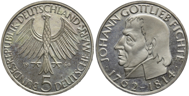 B R D. 
DM Währung bis 2001. 5 Deutsche Mark 1964 J, Hamburg. Auf den 150. Tode...