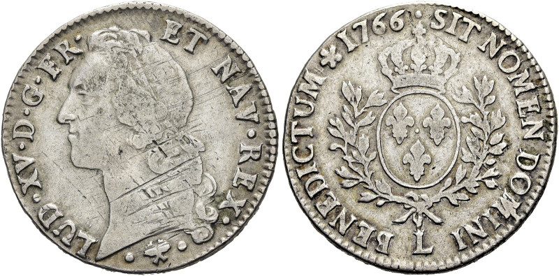 FRANKREICH. 
Ludwig XV., 1715 - 1774. Ecu au Bandeau 1766 L, Bayonne. Büste nac...