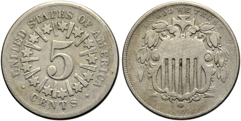 VEREINIGTE STAATEN (USA). 
5 Cent 1866, Philadelphia. Stempelschneider James B....