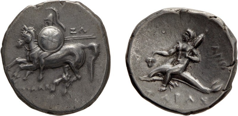 MONETE GRECHE. TARANTO (281-272 A.C.). 
NOMOS
Argento, 6,49 gr, 20x22 mm. qSPL...