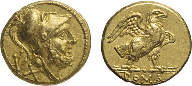MONETE ROMANE REPUBBLICANE.
60 ASSI (211-207 A.C.)
Oro, 3,36 gr, 13x14 mm. Non...