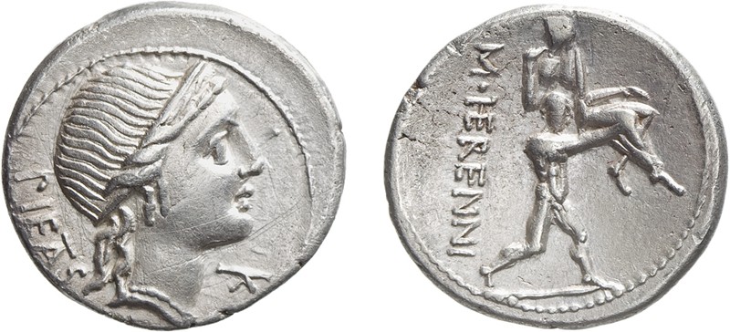MONETE ROMANE REPUBBLICANE. 
GENS HERENNIA (108-107 A.C.). DENARIO
M. Herenniu...