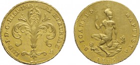 ZECCHE ITALIANE. REGNO D'ETRURIA. LUDOVICO I (1801-1803). 
RUSPONE 1803
Oro, 10,47 gr, 27 mm. Colpetto al R. SPL+. Molto rara.
D: LUD I D C HISP IM...