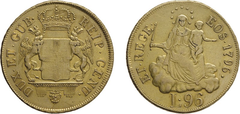 ZECCHE ITALIANE. GENOVA. DOGI BIENNALI. 96 LIRE 1796
Oro, 25,20 gr, 34 mm. qBB....