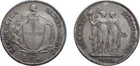 ZECCHE ITALIANE. REPUBBLICA LIGURE (1798-1805). 
8 LIRE 1804
Argento, 33,25 gr, 41 mm. SPL+.
D: REPUBBLICA / LIGURE . ANNO . VII Stemma di Genova, ...