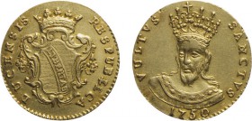 ZECCHE ITALIANE. REPUBBLICA DI LUCCA (1369-1769). DOPPIA 1750
Oro, 5,26 gr, 20 mm, minimi segni di montatura altrimenti BB+/qSPL
D: RESPUBLICA LUCEN...