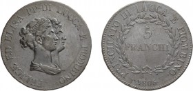 ZECCHE ITALIANE. PRINCIPATO DI LUCCA E PIOMBINO. 
ELISA BONAPARTE E FELICE BACIOCCHI (1805-1814). 5 LIRE 1806
Argento, 24,80 gr, 37,5 mm. BB. Tipo c...