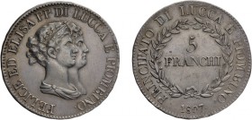 ZECCHE ITALIANE. PRINCIPATO DI LUCCA E PIOMBINO. 
ELISA BONAPARTE E FELICE BACIOCCHI (1805-1814). 5 LIRE 1807
Argento, 24,85 gr, 37,5 mm. BB+. Tipo ...