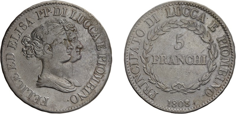 ZECCHE ITALIANE. PRINCIPATO DI LUCCA E PIOMBINO. 
ELISA BONAPARTE E FELICE BACI...