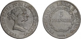 ZECCHE ITALIANE. PRINCIPATO DI LUCCA E PIOMBINO. 
ELISA BONAPARTE E FELICE BACIOCCHI (1805-1814). 
5 LIRE 1808
Argento, 24,81 gr, 37,5 mm. MB. Tipo...