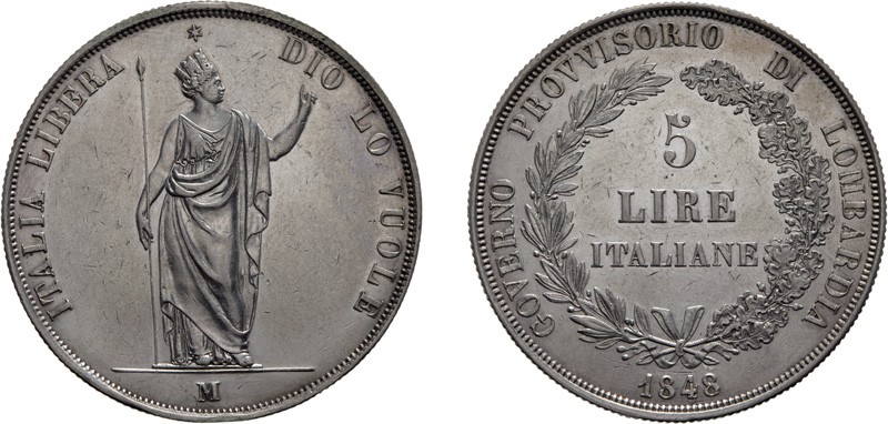 ZECCHE ITALIANE. GOVERNO PROVVISORIO DI LOMBARDIA (1848).
5 LIRE 1848
Argento,...