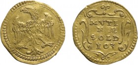 ZECCHE ITALIANE. MODENA. FRANCESCO I D'ESTE (1629-1658).
SCUDINO D'ORO DA 103 SOLDI 
Oro, 1,14 gr, 16 mm. BB+
D: Anepigrafe, aquila estense ad ali ...
