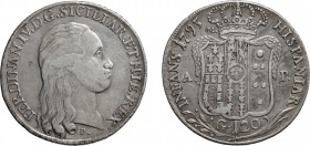 ZECCHE ITALIANE. REGNO DI NAPOLI. 
FERDINANDO IV (1759-1816). 120 GRANA 1795
Napoli. Argento, 27,38 gr, 39,5 mm. BB.
D: FERDINAN . IV . D . G. SICI...