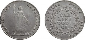 ZECCHE ITALIANE. NAPOLI. REPUBBLICA NAPOLETANA.
12 CARLINI 1799/ANNO VII
Argento, 27,60 gr, 39 mm. SPL+/qFDC.
D: REPUBBLICA NAPOLITANA La Liberta i...