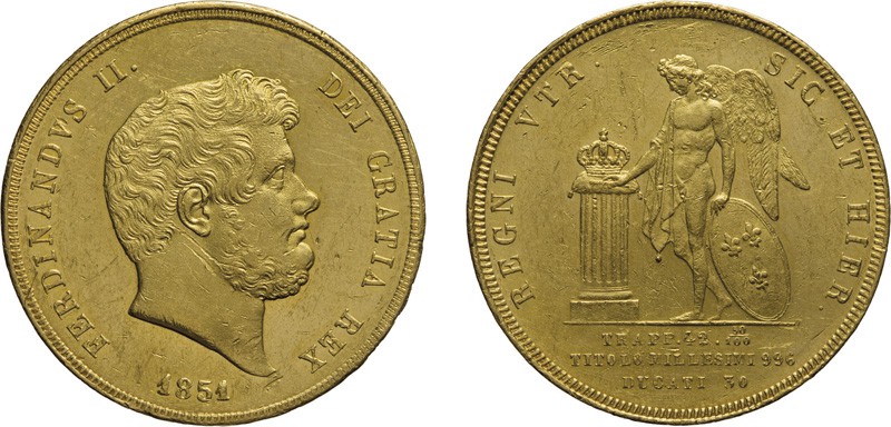 ZECCHE ITALIANE. NAPOLI.
FERDINANDO II (1830-1859). 30 DUCATI 1851
Oro, 37,91 ...