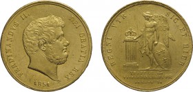 ZECCHE ITALIANE. NAPOLI.
FERDINANDO II (1830-1859). 30 DUCATI 1851
Oro, 37,91 gr, 36 mm. Raro. Graffi e minimi colpetti altrimenti migliore di SPL....