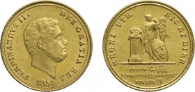 ZECCHE ITALIANE. NAPOLI. FERDINANDO II. 3 DUCATI 1854
Oro, 3,78 gr, 18 mm. SPL+
D: FERDINANDVS II / DEI GRATIA REX Testa nuda, adulta, piccola e bar...