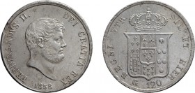 ZECCHE ITALIANE. REGNO DELLE DUE SICILIE. FERDINANDO II DI BORBONE (1839-1859). 120 GRANA 1858
Napoli. Argento, 27,41 gr, 37 mm. Difetto di conio sul...