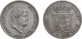 ZECCHE ITALIANE. REGNO DELLE DUE SICILIE. FERDINANDO II DI BORBONE (1839-1859). 120 GRANA 1859
Napoli. Argento, 27,52 gr, 36,5 mm. Lettere fini al D-...