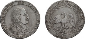ZECCHE ITALIANE. REGNO DI SICILIA.
FERDINANDO III DI BORBONE (1759-1816). 12 TARI 1810
Palermo. Argento, 27,05 gr, 39 mm. MB+
D: FERDINANDUS III D ...