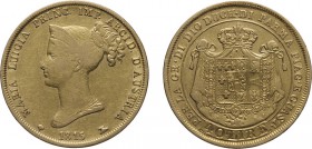 ZECCHE ITALIANE. PARMA E PIACENZA.
MARIA LUIGIA. 40 LIRE 1815
Milano. Oro, 12,80 gr, 26 mm. BB
D: MARIA LUIGIA PRINC IMP ARCID D'AUSTRIA Busto diad...