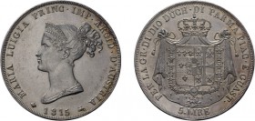 ZECCHE ITALIANE. DUCATO DI PARMA, PIACENZA E GUASTALLA. 
MARIA LUIGIA D'AUSTRIA (1814-1847)
5 LIRE 1815
Milano. Argento, 24,98 gr, 37 mm. Segnetti ...