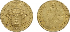 ZECCHE ITALIANE. STATO PONTIFICIO. SEDE VACANTE 1823. DOPPIA
Bologna (Cam. Card. Bartolomeo Pacca). Oro, 5,45 gr, 22 mm. qFDC. Molto rara
D: SEDE VA...