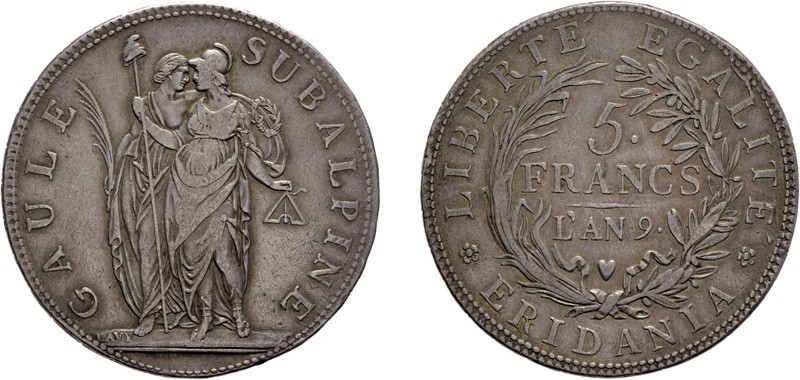 ZECCHE ITALIANE. REPUBBLICA SUBALPINA
5 FRANCHI AN 9
Argento, 24,80 gr, 37 mm....