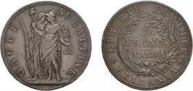 ZECCHE ITALIANE. REPUBBLICA SUBALPINA
5 FRANCHI AN 9
Argento, 24,80 gr, 37 mm. BB.
D: GAULE / SUBALPINE Due figure allegoriche (Gallia Subalpina e ...