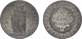 ZECCHE ITALIANE. REPUBBLICA SUBALPINA
5 FRANCHI AN 10
Argento, 25 gr, 37 mm. SPL+.
D: GAULE / SUBALPINE Due figure allegoriche (Gallia Subalpina e ...