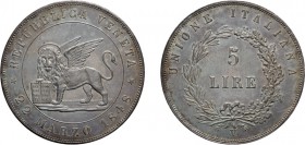 ZECCHE ITALIANE. GOVERNO PROVVISORIO DI VENEZIA (1848-1849). 
5 LIRE 1848
Argento, 25,05 gr, 37 mm. Minimi segnetti, bellissima patina. SPL+
D: REP...