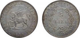 ZECCHE ITALIANE. GOVERNO PROVVISORIO DI VENEZIA (1848-1849). 
5 LIRE 1848
Argento, 25,05 gr, 37 mm. Minimi segnetti, bellissima patina. SPL+
D: REP...