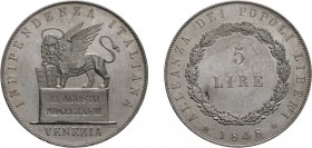 ZECCHE ITALIANE. GOVERNO PROVVISORIO DI VENEZIA (1848-1849).
5 LIRE 1848
Argento, 25,05 gr, 37 mm. SPL+. 
D: INDIPENDENZA ITALIANA Leone nimbato ed...