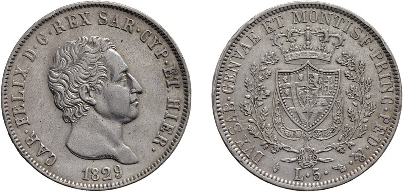 REGNO DI SARDEGNA. CARLO FELICE (1821-1831).
5 LIRE 1829 TORINO
Argento, 24,92...