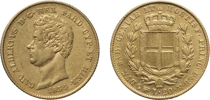 REGNO DI SARDEGNA. CARLO ALBERTO (1831-1849).
20 LIRE 1834 TORINO
Oro, 6,42 gr...