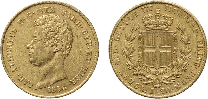 REGNO DI SARDEGNA. CARLO ALBERTO (1831-1849).
20 LIRE 1834 GENOVA
Oro, 6,44 gr...