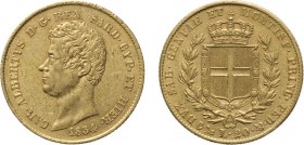 REGNO DI SARDEGNA. CARLO ALBERTO (1831-1849).
20 LIRE 1834 GENOVA
Oro, 6,44 gr, 21 mm. qSPL
D: CAR . ALBERTUS D . G . REX SARD . CYP . ET HIER . Te...